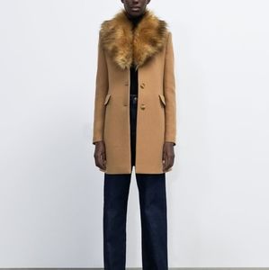 Zara Tan Coat with Removable Faux Fur Collar, XS